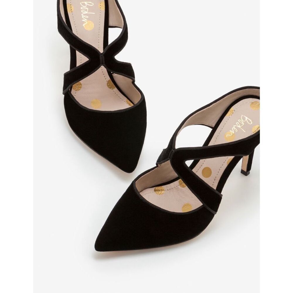 Boden Kelsey Heels in Black Velvet Pointed Toe Cross Straps Size 39 EU/8.5 US